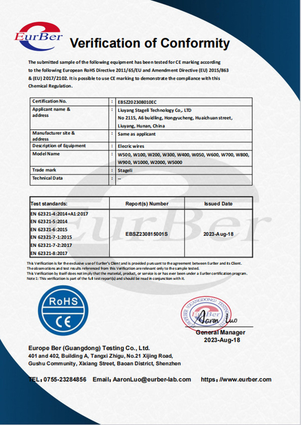 Cina Liuyang Stageli Technology Co., Ltd. Sertifikasi